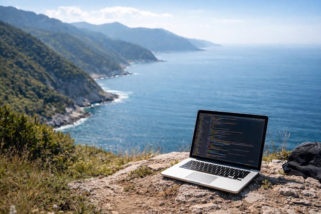 Ordinateur portable affichant du code, vue sur océan et côte — travail à distance